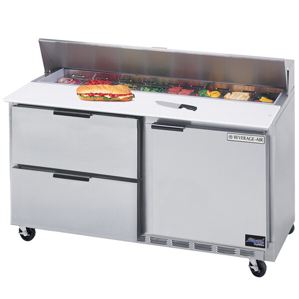 Beverage-Air SPED60HC-08C-2 60" 1 Door 2 Drawer Cutting Top Refrigerated Sandwich Prep Table with 17" Wide Cutting Board