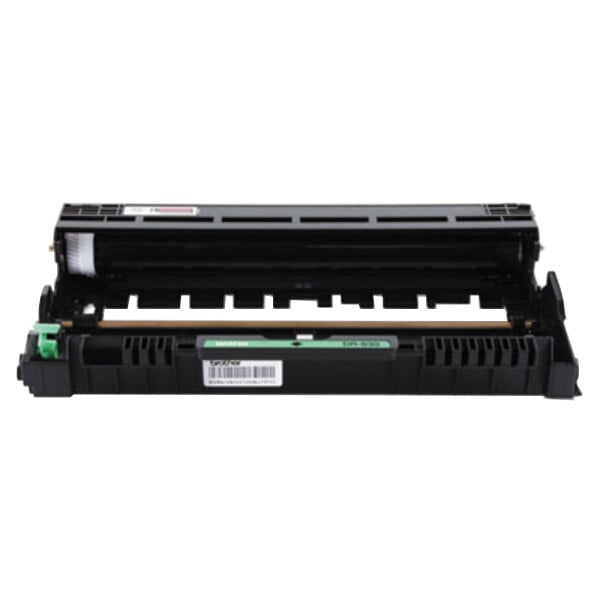 A black Brother DR630 printer drum cartridge with green and white labels.