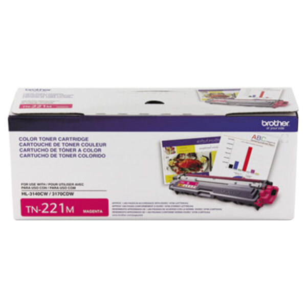A box of a Brother TN221M magenta toner cartridge on a white background.