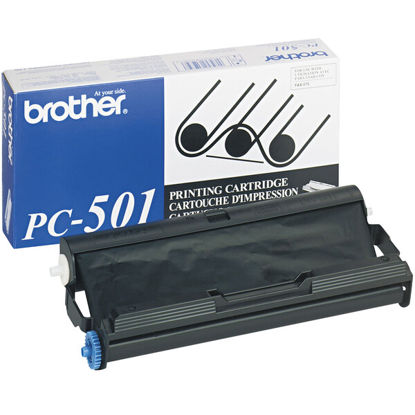 A black Brother PC501 printer cartridge in a blue box.