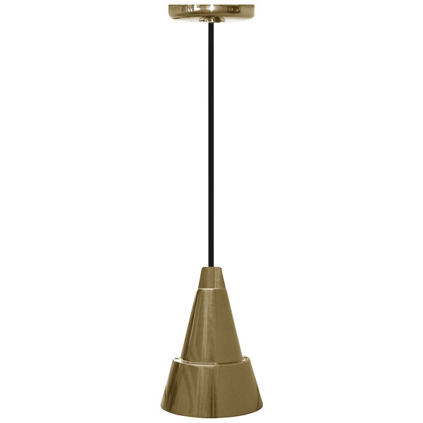 A Hanson Heat Lamps ceiling mount heat lamp with a textured brass cone.