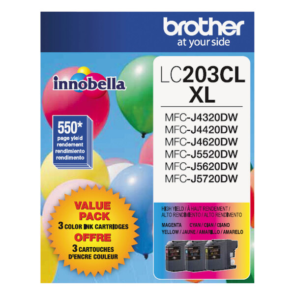 A package of Brother LC203 high-yield printer ink cartridges with a blue label showing a yellow sun and white text.