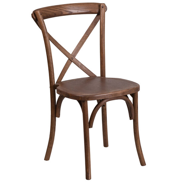 A Flash Furniture Pecan Wood Stackable Cross Back Chair with a back and seat.