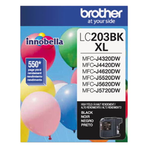 A close-up of a Brother LC203BK black ink cartridge label with balloons on it.