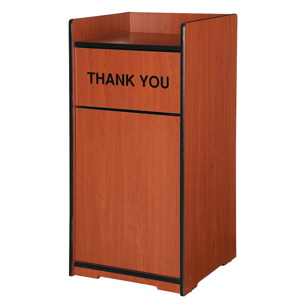 A wooden box waste receptacle with a "Thank You" design.