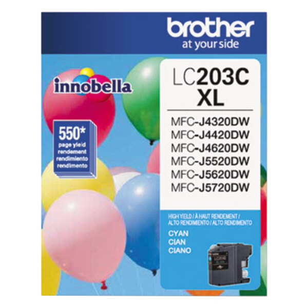 A box of Brother LC203C Innobella high-yield cyan printer ink cartridges with a label showing a blue background and balloons.