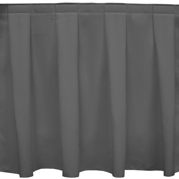 A charcoal Snap Drape box pleat table skirt with velcro clips.