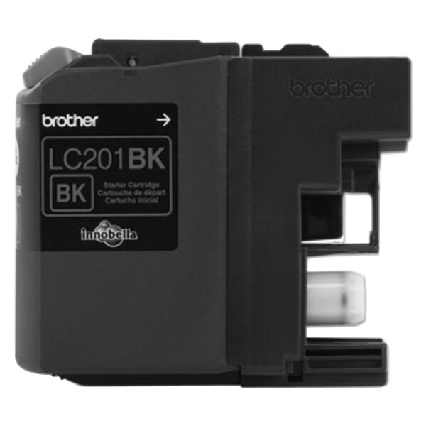 A black Brother LC201BK printer ink cartridge with white text.