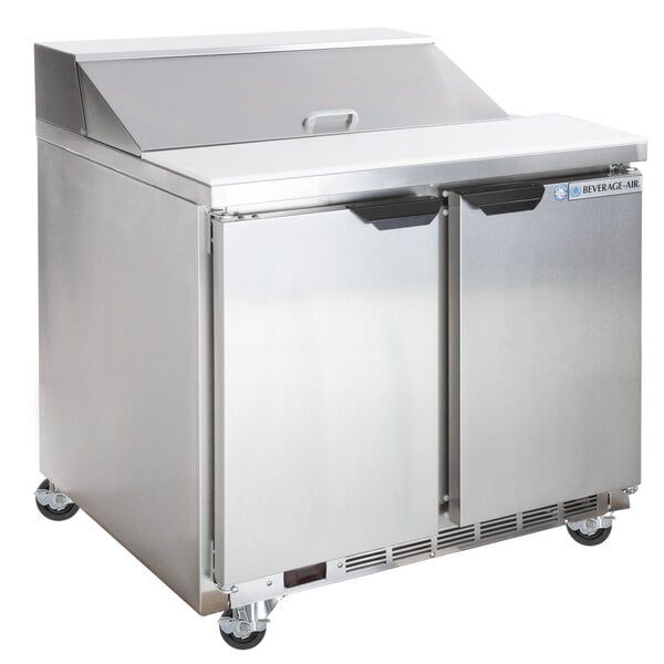 A stainless steel Beverage-Air refrigerator with two doors.