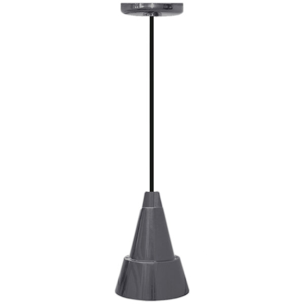 A grey cone shaped Hanson Heat Lamp with a black pole and textured chrome finish.