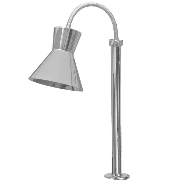 A silver Hanson Heat Lamps countertop heat lamp with a stainless steel finish and a curved pole.