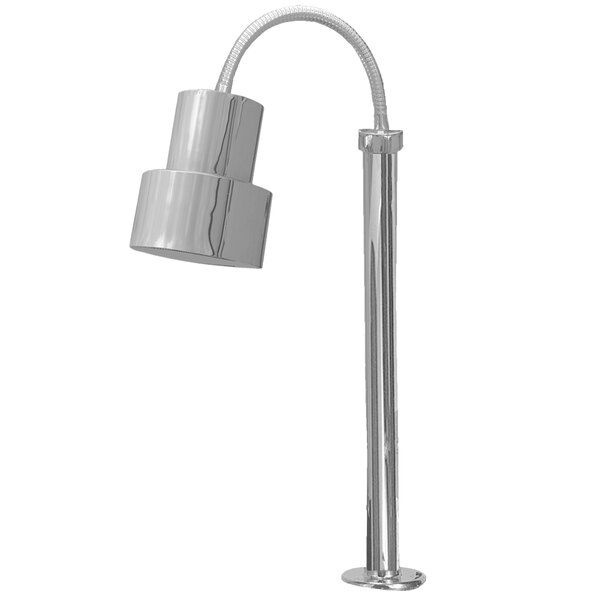 A stainless steel Hanson Heat Lamp with a curved metal pole and metal shade.