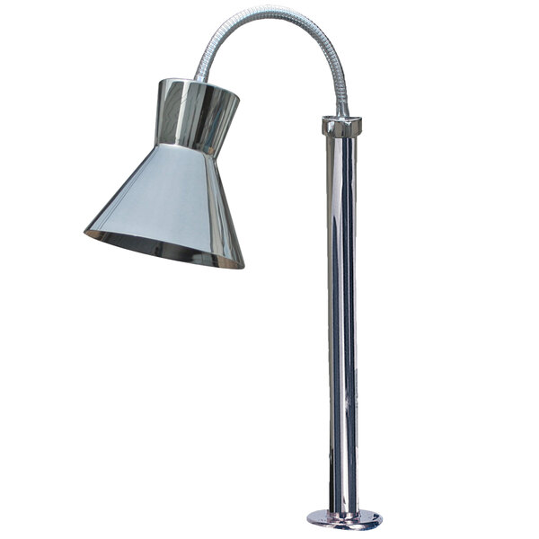 A silver Hanson Heat Lamp with a curved metal pole and silver hood on a metal tube.