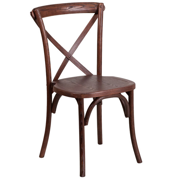 A Flash Furniture mahogany wood banquet chair with a cross back.