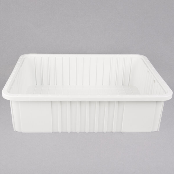 A white Metro tote box with a lid and vertical dividers.