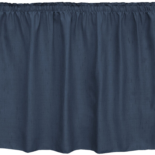 A royal blue Snap Drape table skirt with a ruffled edge.