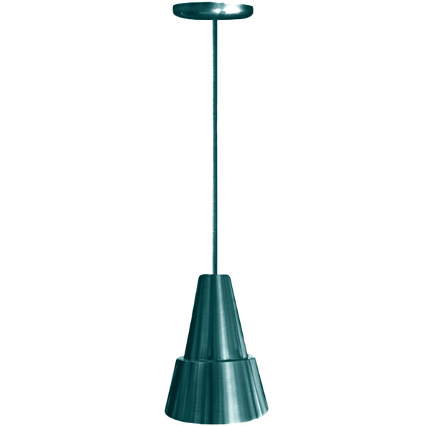 A Hanson Heat Lamp with a textured verdigris finish hanging from a silver stem.