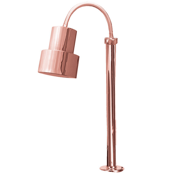 A Hanson Heat Lamps copper heat lamp with a long flexible pole.