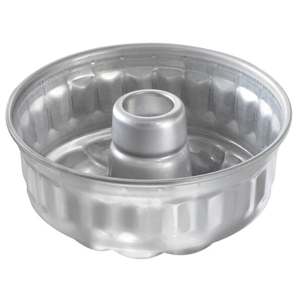 A silver Chicago Metallic fluted bundt cake pan with a ring.
