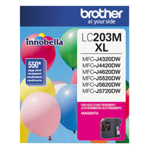 A box of a Brother LC203M magenta printer ink cartridge with blue and white rectangular signs.