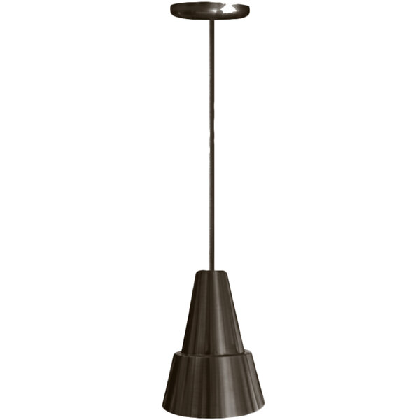 A Hanson Heat Lamps rigid stem ceiling mount heat lamp with a textured bronze metal shade.