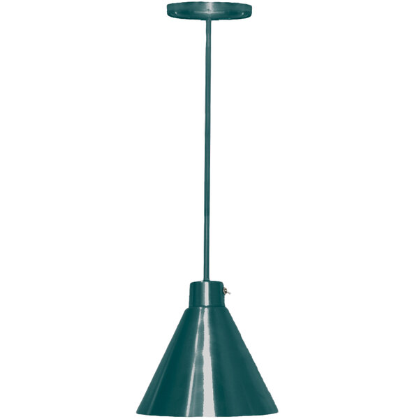A Hanson Heat Lamps ceiling mount heat lamp with a green cone shaped shade and pole with a textured verdigris finish.
