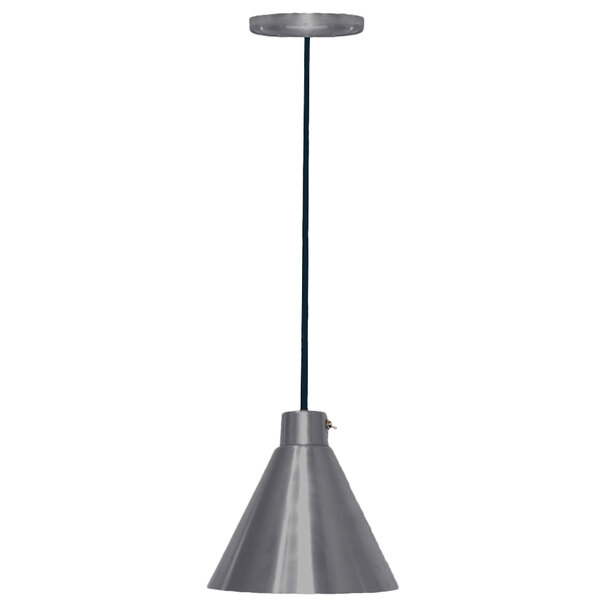 A grey metal Hanson Heat Lamp with a textured chrome finish hanging from a long black pole.