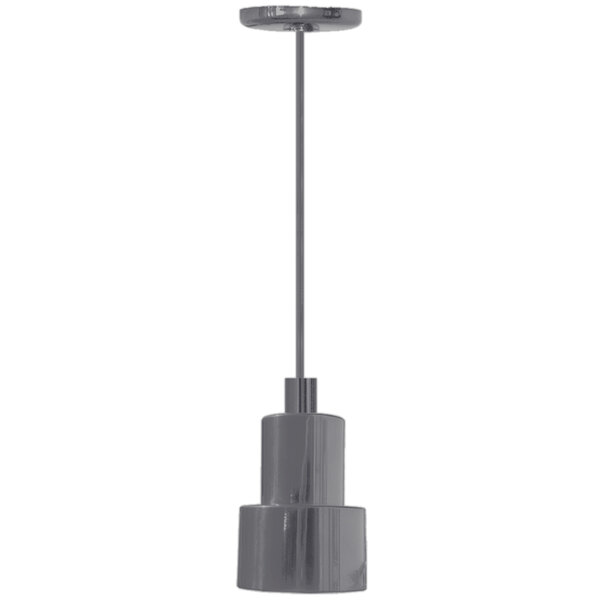 A grey metal Hanson Heat Lamps ceiling mount heat lamp with a silver finish on a long pole.