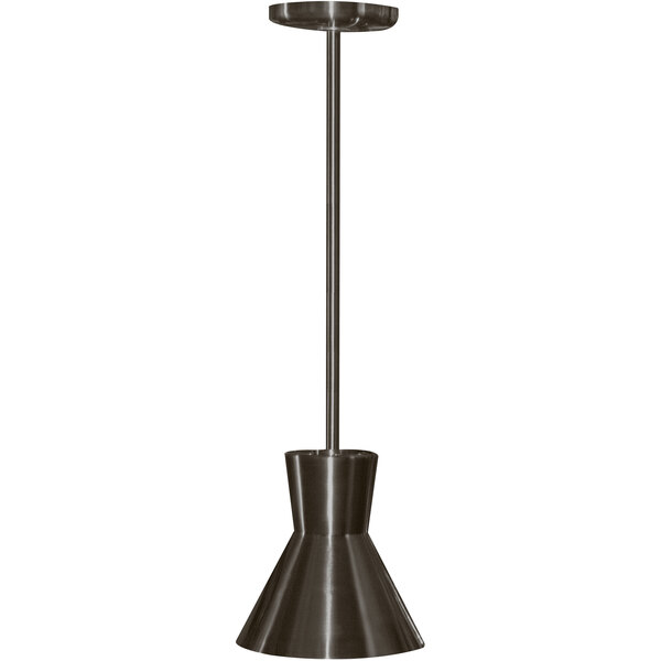A Hanson Heat Lamps ceiling mount heat lamp with a textured bronze finish and a long black stem.