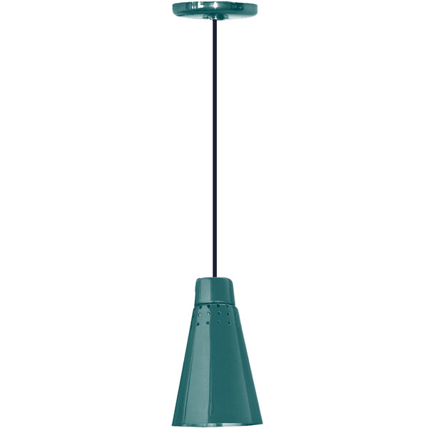 A Hanson Heat Lamp with a textured teal finish hanging from a black pole.