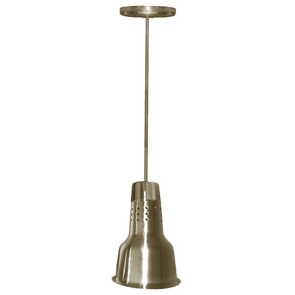 A Hanson Heat Lamps ceiling mount heat lamp with a textured brass finish.