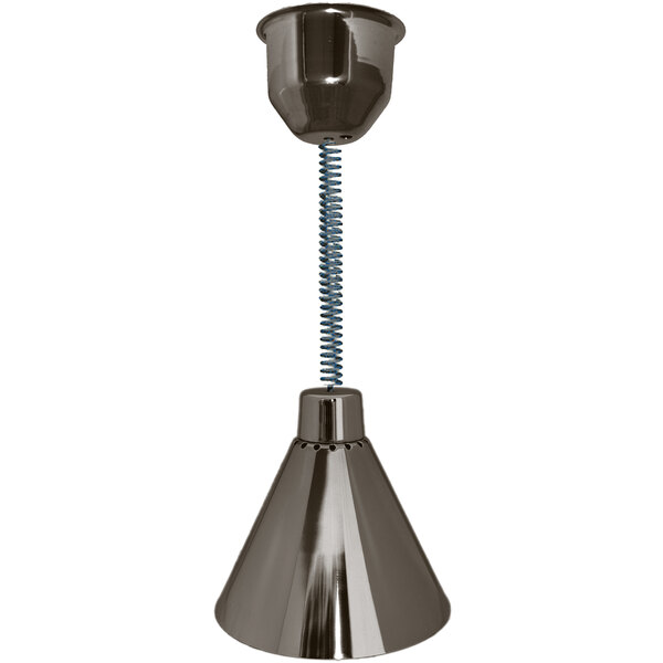 A Hanson Heat Lamps ceiling mount heat lamp with a metal cone and textured bronze finish hanging from a metal spring.