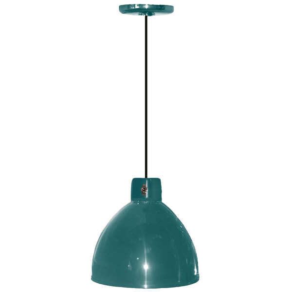 A Hanson Heat Lamps ceiling mount heat lamp with a teal verdigris finish hanging from a ceiling.