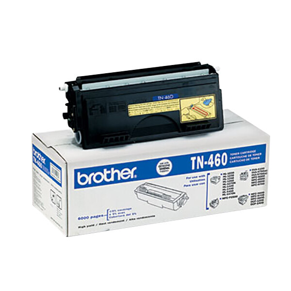 A white box with a yellow label for a Brother TN460 black toner cartridge.