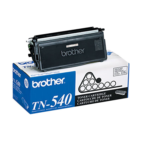A blue and white box with a Brother TN540 black printer toner cartridge inside.