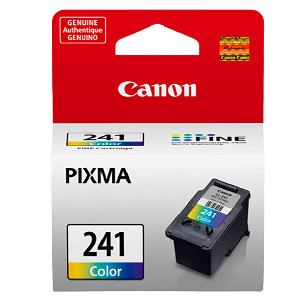 A Canon tri-color inkjet printer ink cartridge in a red and white box with a label.
