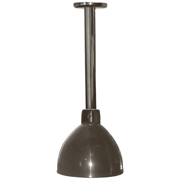 A Hanson Heat Lamps ceiling mount heat lamp with a textured bronze finish and red button.