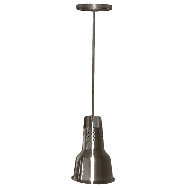 A Hanson Heat Lamps rigid ceiling mount heat lamp with a textured bronze finish hanging from a long pole.