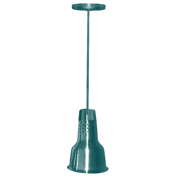 A Hanson Heat Lamps rigid ceiling mount heat lamp with a textured verdigris finish hanging from a green pole.