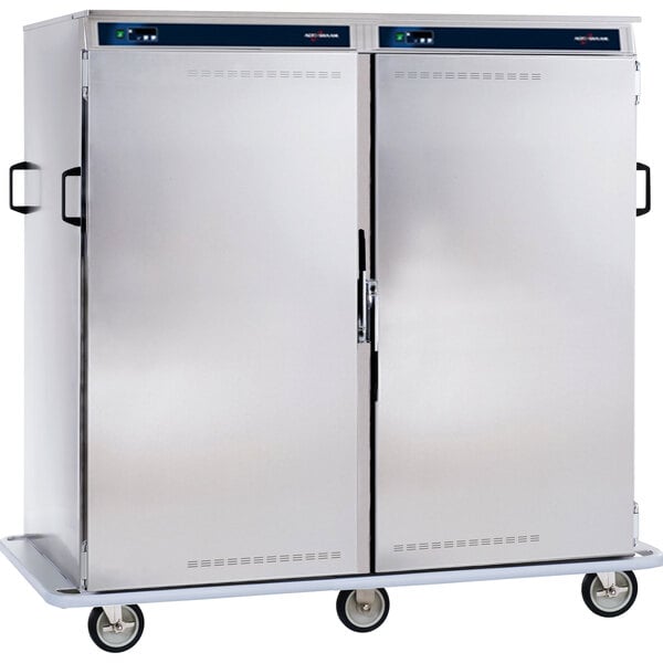 An Alto-Shaam stainless steel heated banquet cabinet on wheels.