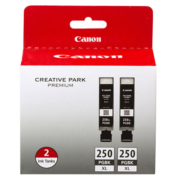 A red box of two Canon high-yield black ink cartridges with white and black text labels.