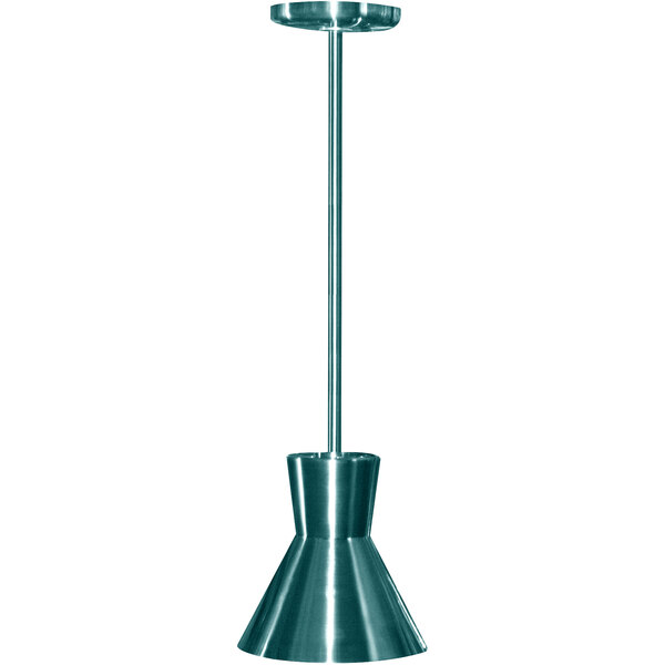 A Hanson Heat Lamps ceiling mount heat lamp with a textured verdigris finish on a long metal pole.