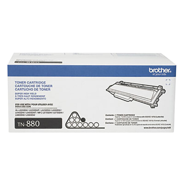 A white box with blue and black text reading "Brother TN880 Super High-Yield Black Laser Printer Toner Cartridge"