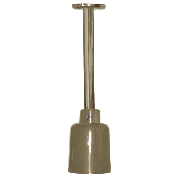 A Hanson Heat Lamps rigid ceiling mount heat lamp with a textured brass finish.