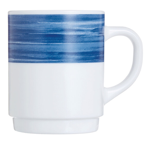 A white mug with blue stripes and a blue handle.