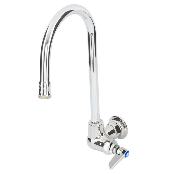 A chrome Equip by T&S wall mounted faucet with a gooseneck spout and lever handle.