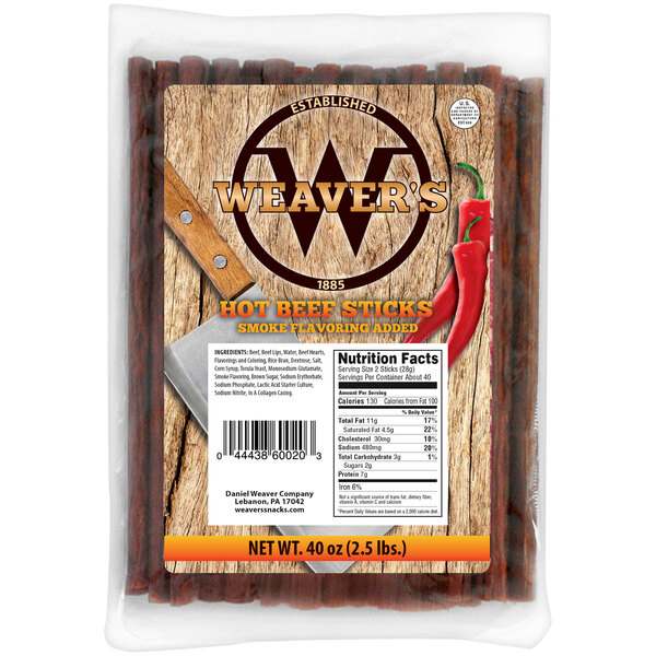 A package of Weaver's Beef Sticks with a label.