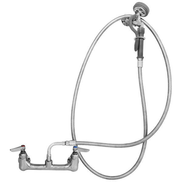 A T&S wall mounted pet grooming faucet with hoses and angled spray valve.