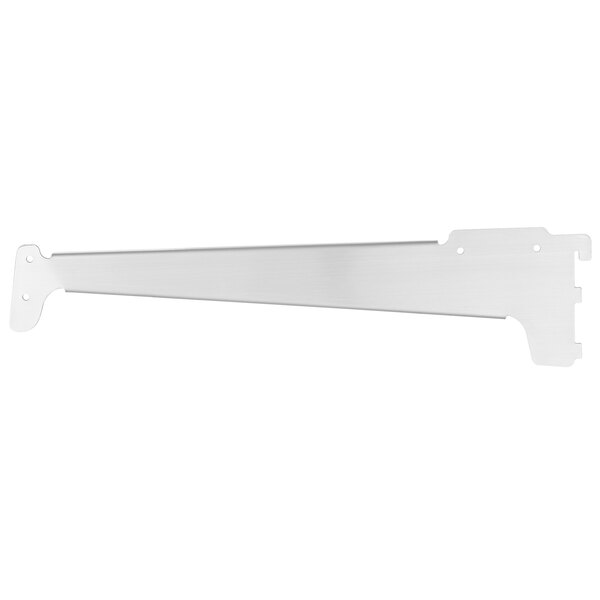 A white metal shelf bracket with holes and a black handle.