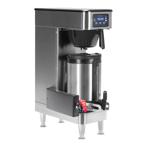 A Bunn stainless steel automatic coffee brewer on a counter.